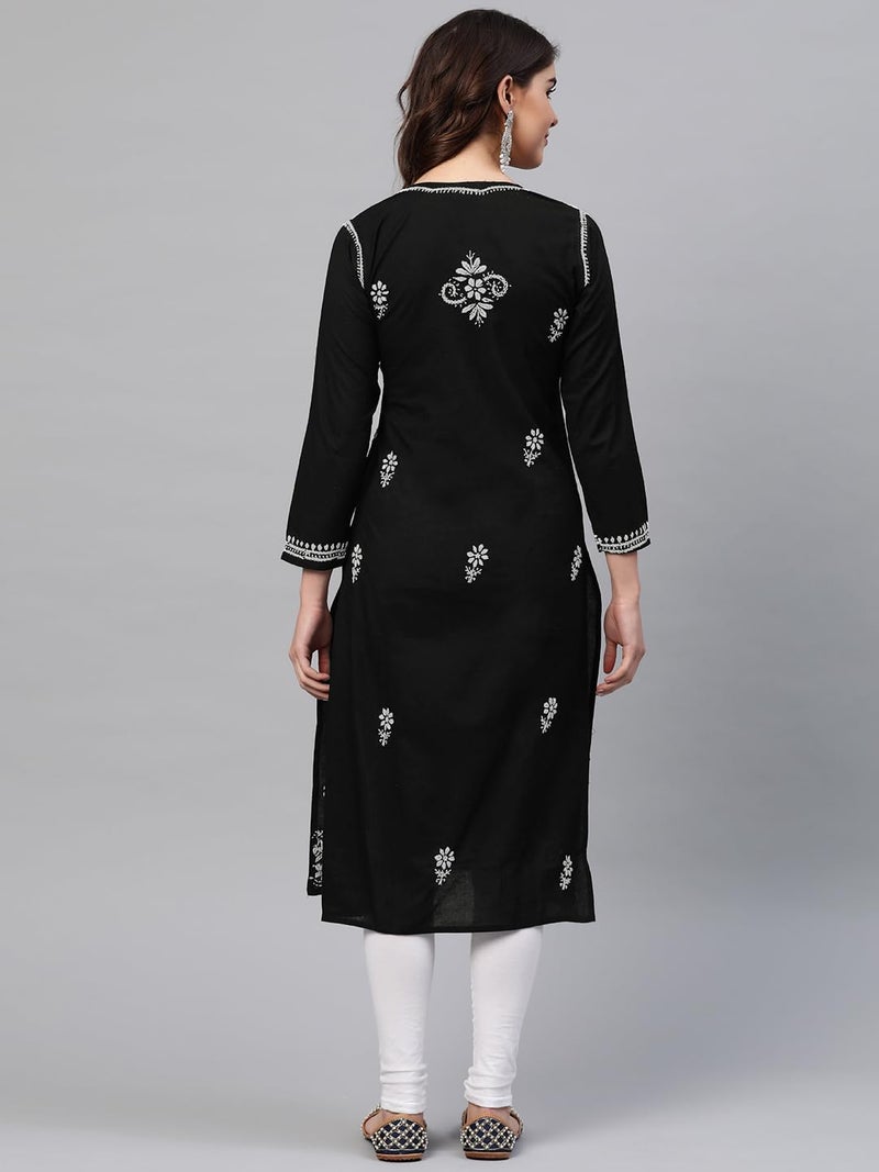 Ada Indian Hand Embroidered Women's Chikankari Cotton Kurta Kurti Tunic A341075 (Small, Black) - Image 2